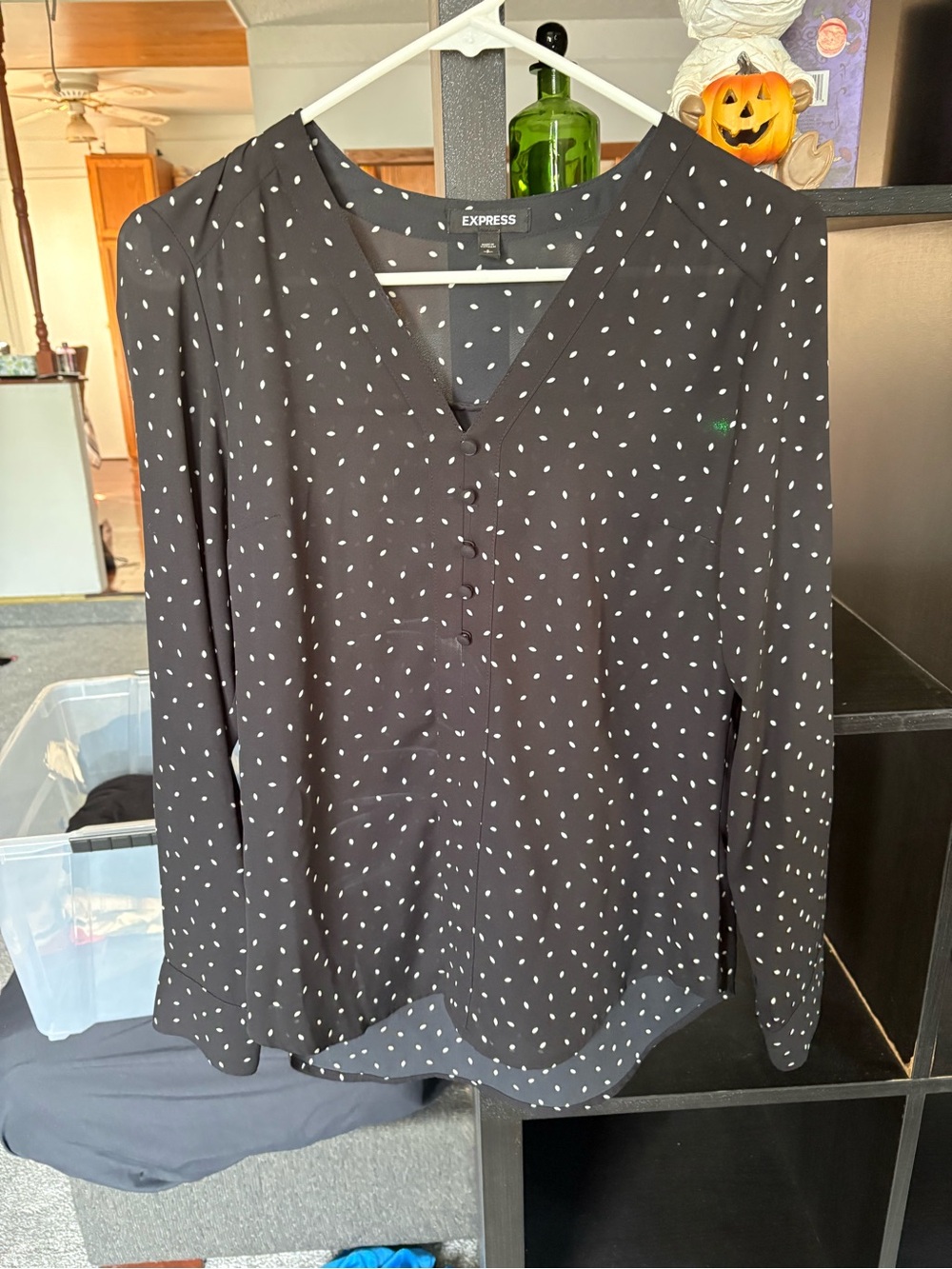 Express Black Polka Dot V-Neck Button-Front Blouse